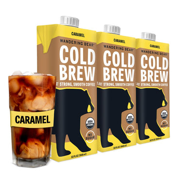 Wandering Bear Organic Caramel Cold Brew Coffee, 32 Fl Oz, 3 Pack - Extra Strong, Smooth, Organic, Unsweetened, Shelf-Stable, And Ready To Drink Iced Coffee, Cold Brewed Coffee, Cold Coffee