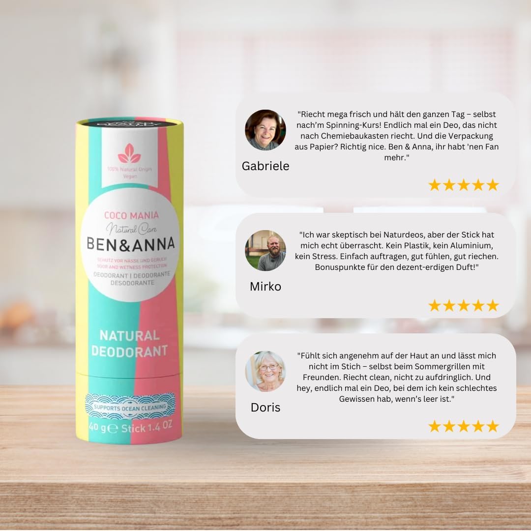 Ben & Anna Coco Mania - Natural Deodorant Stick For Men And Women | Vegan & Natural Cosmetics | Sustainable In Papertube | Against Heavy Sweating | Aluminium-Free (40 G (Pack Of 1), Coconut