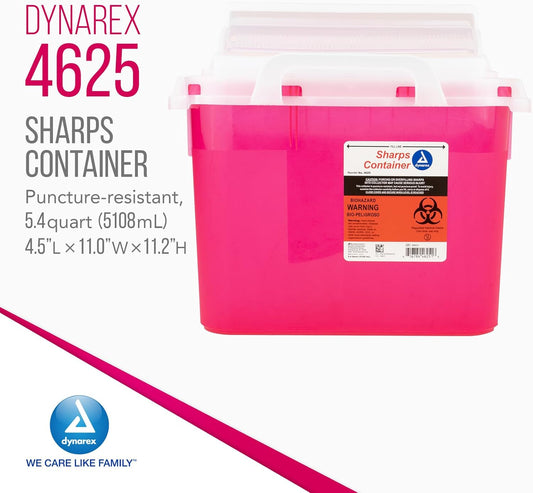 Dynarex Sharps Container, Provides A Safe Disposal Of Medical Waste And Needles, Non-Sterile & Latex-Free, 5.4 Quarts, Made With Thermoplastic, Red With A Transparent Lid, 1 Dynarex Sharps Container