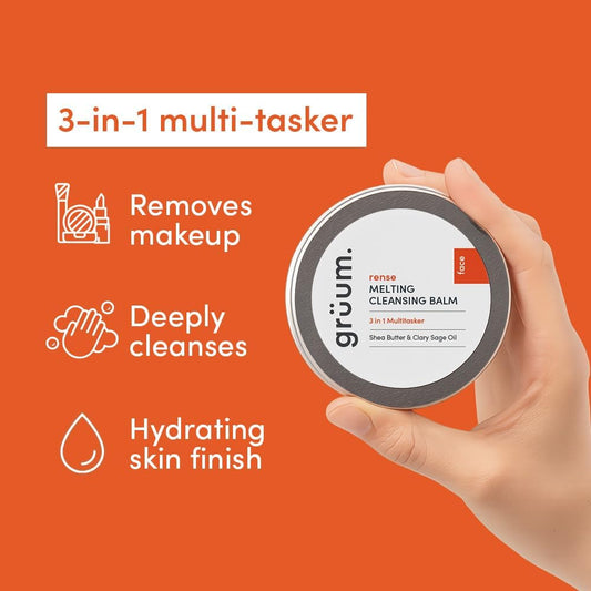 Grüum 3-In-1 Melting Cleansing Balm 100Ml – Makeup Remover Balm & Face Cleanser For Women – Cleansing Butter With Skin-Loving Shea Butter, Coconut Oil, Clary Sage & Eucalyptus – Vegan & Plastic-Free