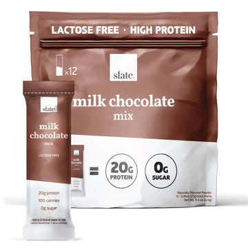 Slate Milk - High Protein Drink Mix Powder - Milk Chocolate, 12 Packets - Lactose Free, 20G Protein, 0G Sugar, 100 Calories, 2G Carbs, No Added Sugar - Breakfast Boost - Post Workout - 27G Per Stick