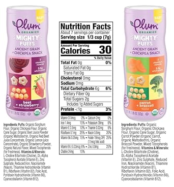 Plum Organics Mighty Puffs Organic Baby Food - Two Flavor Variety Pack - 1.85 oz Canister (Pack of 6) - Ancient Grains and Chickpea Snacks : Baby