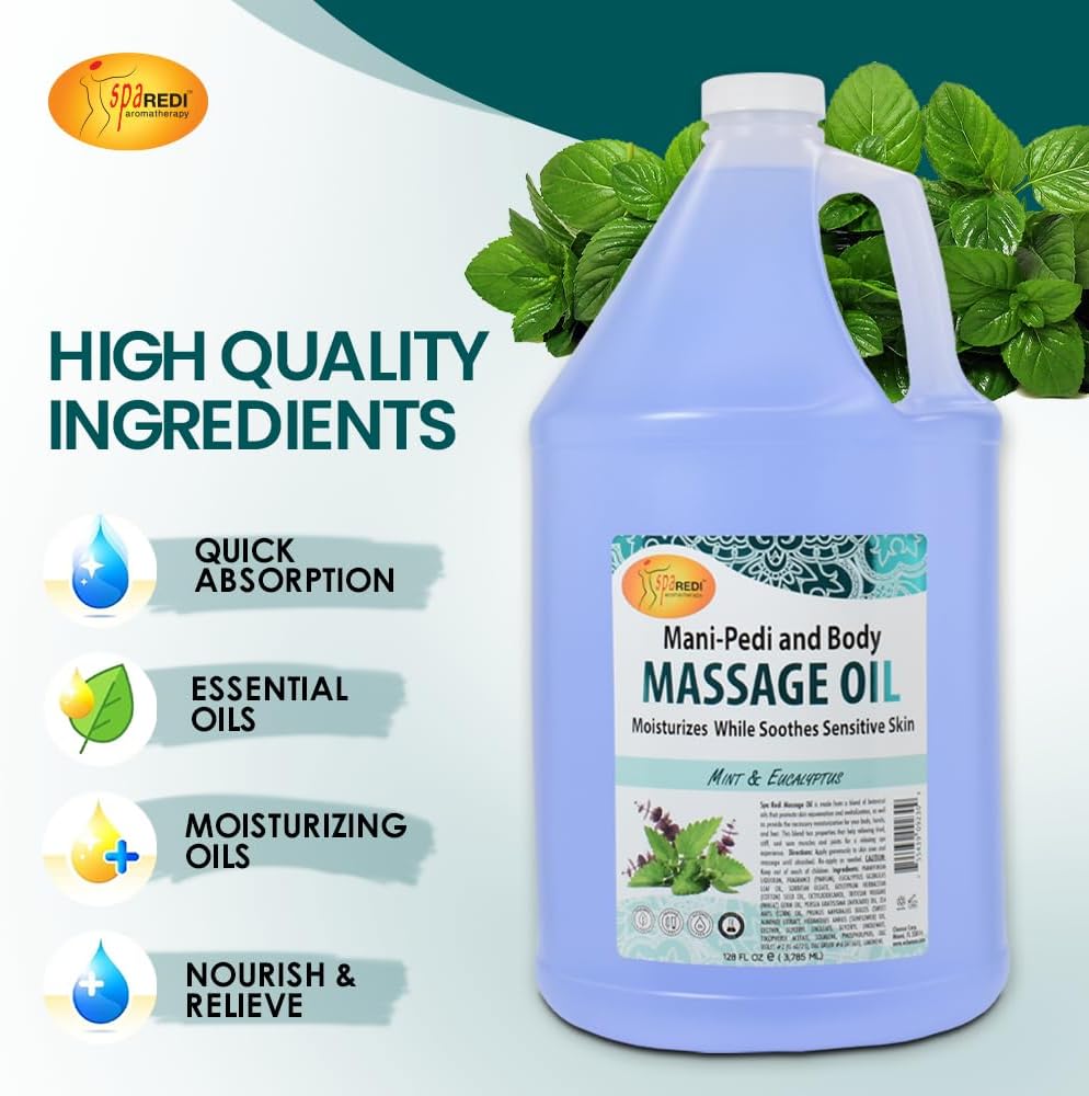 Spa Redi - Massage Oil, Mint Eucalyptus, 32 Oz - Professional Full Body Massage Therapy, Manicure, Pedicure - Relax Sore Muscles And Repair Dry Skin, Enhanced With High Absorption Oils And Vitamin E : Health & Household