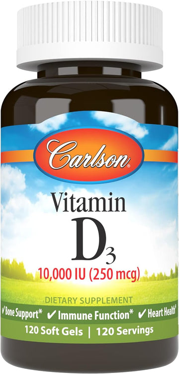 Carlson - Vitamin D3, 10000 IU (250 mcg), Vitamin D Supplements, Bone & Immune Support, Vitamin D3 Softgels, Heart Health, Gluten Free Vitamin D Capsules, 120 Softgels