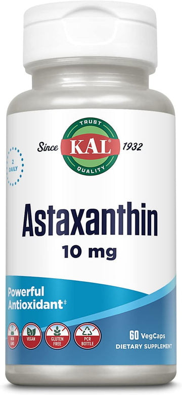 KAL Astaxanthin 10mg, Powerful Antioxidants Supplement, Eye Health and Brain Supplement, From Natural Plant Source, Non-GMO, Vegan, Gluten Free, 30 Servings, 60 VegCaps