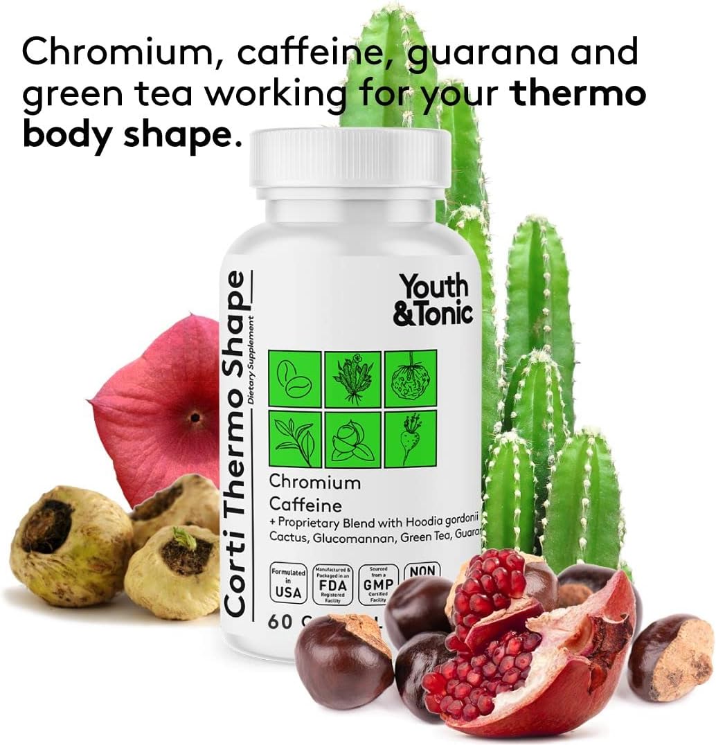 Youth & Tonic Corti-Thermo Shape 60 Capsules Advanced Diet Pills as Support for Energy Metabolism Focus Cravings for Men and Women with Caffeine Chromium Glucomannan Guarana Hoodia Gordonii I : Health & Household