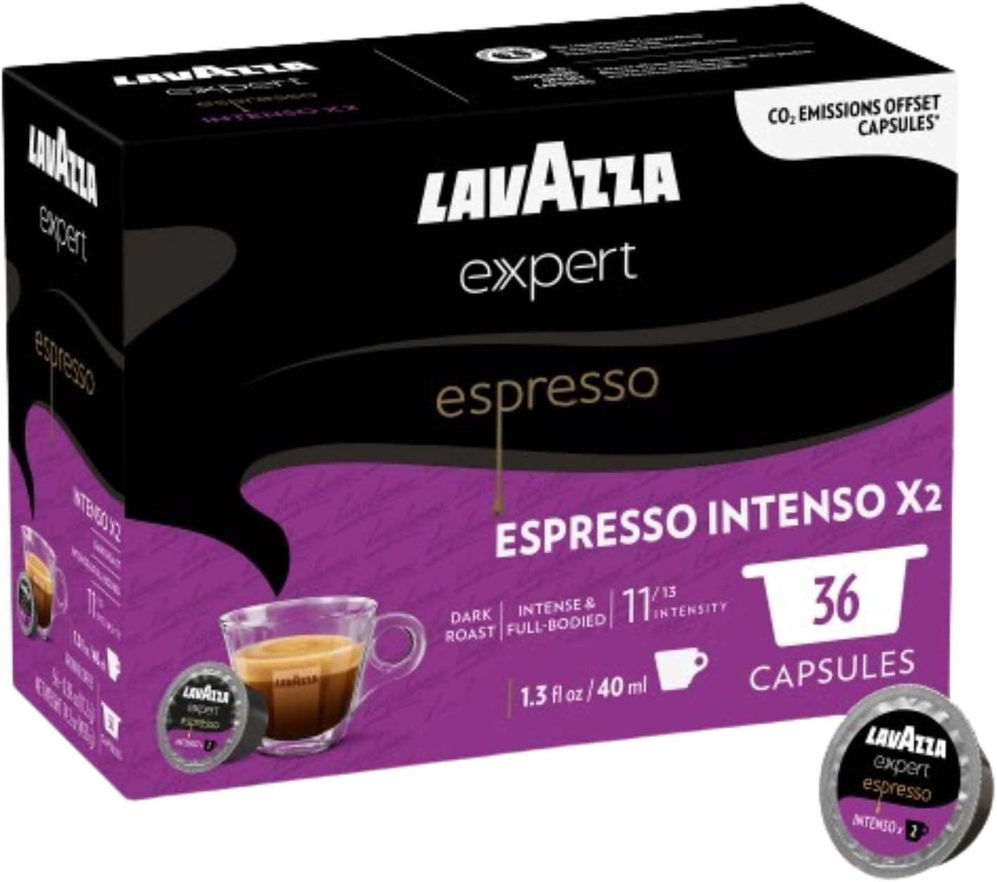 Lavazza Expert Espresso Intenso x2 Coffee Capsules, Intense, Dark Roast, Arabica, Robusta, notes of dried fruit, Intensity 11 out 13, Blended and Roasted in Italy, (36 Capsules)
