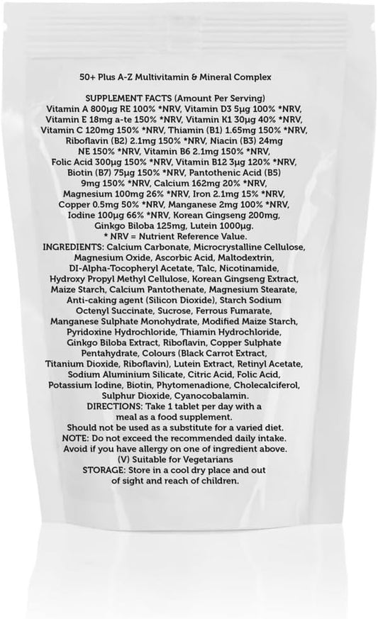 50+ Plus A-Z Multivitamins & Minerals 23 Micronutrients Complex x 60 Veg Tablets Food Supplements 22 Vitamins Ingredients Optimal Health & Wellness