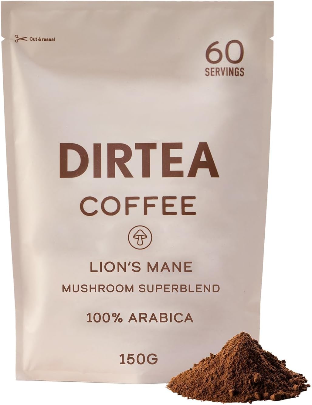 Dirtea Mushroom Coffee With Organic Lion'S Mane, Vitamin B Complex, Maca & Ashwagandha - 100% Arabica Beans With B6, B12 & Folic Acid - 1,000Mg Per Serving - 150G - 60 Servings