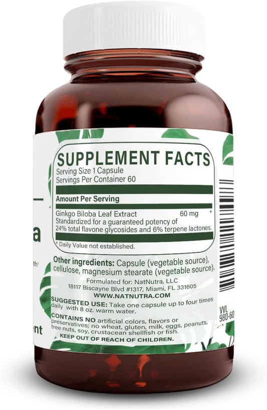 Natural Nutra Ginkgo Biloba, Improves Circulation To The Brain And Boosts Memory, Increases Oxygen Flow, And Enhancing Brain Function, Vegan And Gluten Free, (60) Capsules