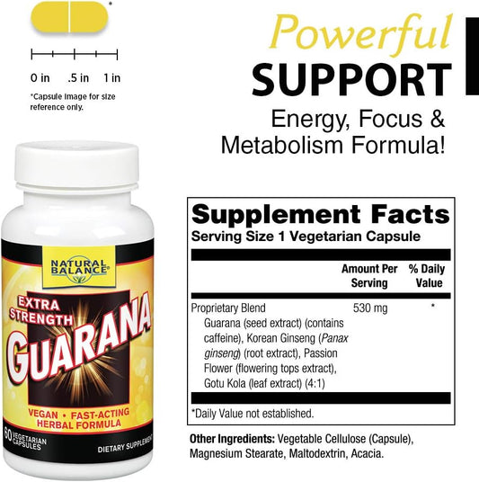 Natural Balance Extra Strength Guarana Supplement | Energy & Metabolism Formula with Korean Ginseng, Gotu Kola & Passion Flower | Vegan | 60 VegCaps