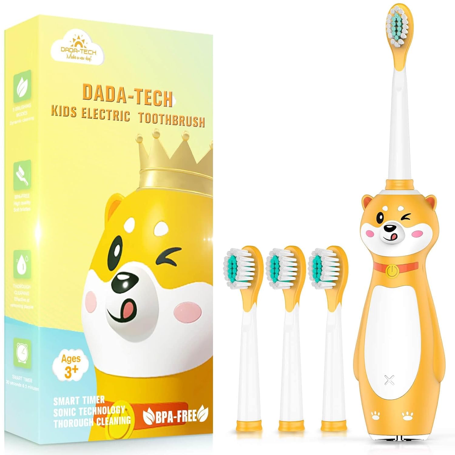 DADA-TECH Kids Electric Toothbrush Rechargeable, Sonic Silicone Teeth Brush with Timer for Children Boys Girls Ages 3+, 3 Modes with Memory, 4 Soft Brush Heads (Yellow Shiba Inu Dog)