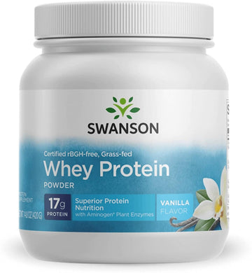 Swanson Grass Fed Cold Pressed Certified rBGH Free Hormone Free Vanilla Whey Protein Powder with Aminogen Enzyme Sports Nutrition Muscle Workout Support 14.8 s (420 g)