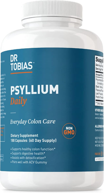 Dr. Tobias Psyllium Daily, Supports Healthy Bowel Movement, Psyllium Husk Capsules With Bentonite Clay, Flaxseed & Natural Ingredients, Daily Fiber Supplement In Support Of Colon Health, 180 Capsules