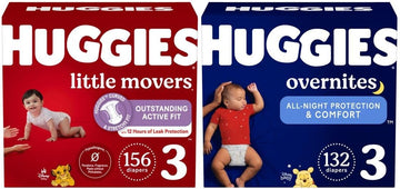 Huggies Little Movers + Overnites Bundle: Huggies Little Movers Baby Diapers, Size 3 (16-27 Lbs), 156Ct (6 Packs Of 26) & Huggies Overnites Overnight Diapers, Size 3 (16-27 Lbs), 132Ct (2 Packs Of 66)