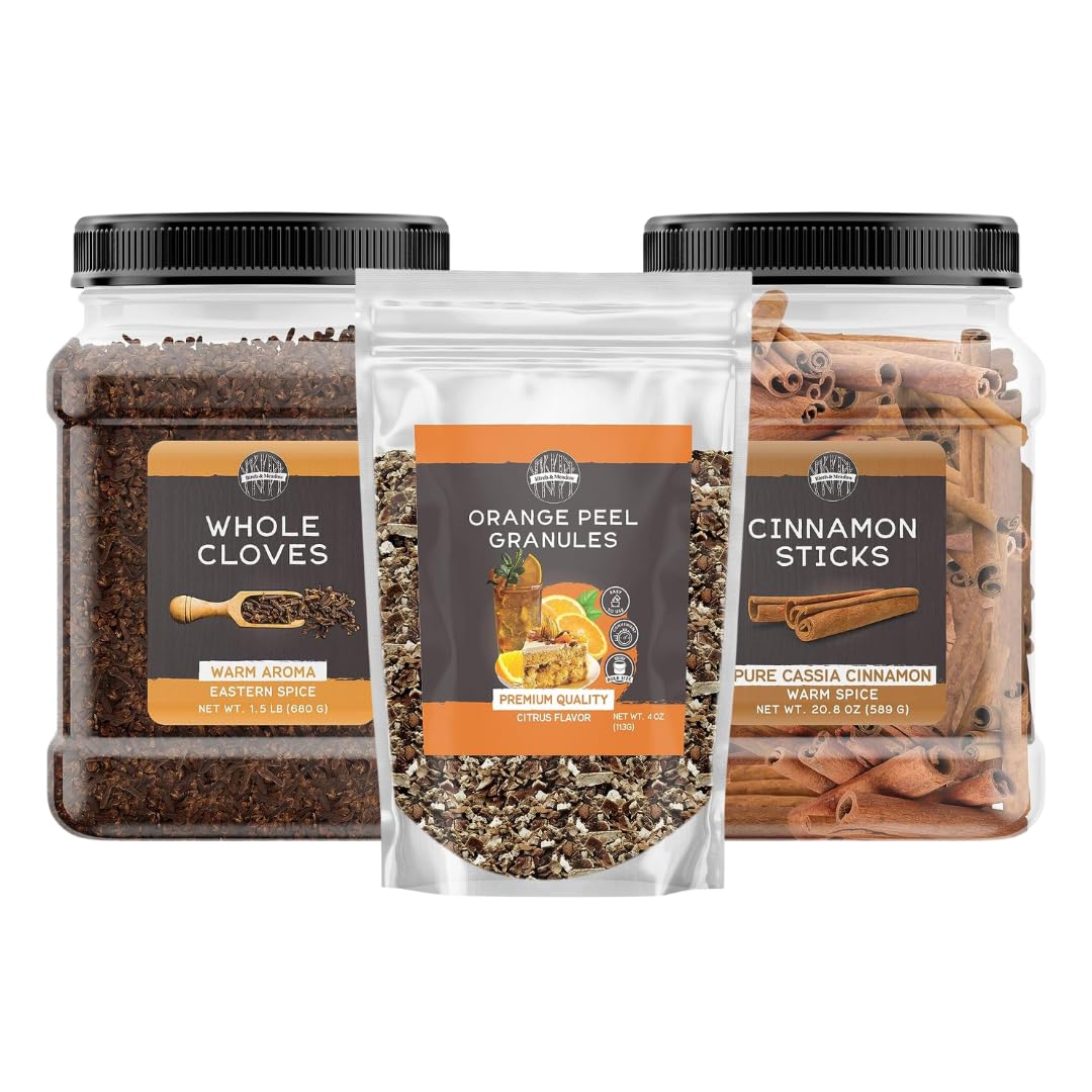 Birch & Meadow Cinnamon Sticks, Orange Peel Granules, And Whole Cloves Bundle, Various Sizes, Flavorful Spices, Warm Aromas