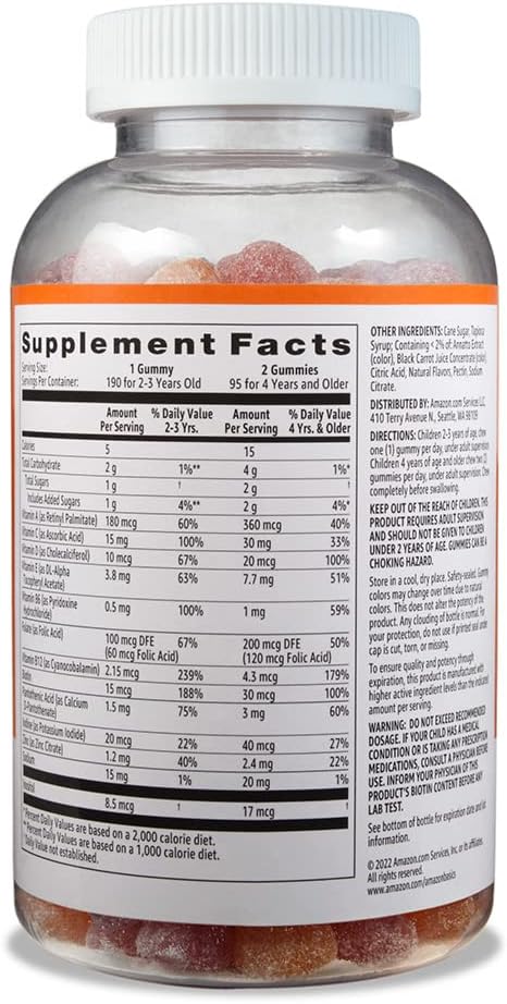 Amazon Basics Kids' Multivitamin Gummies, Orange, Cherry & Strawberry, 190 Count (Previously Solimo)