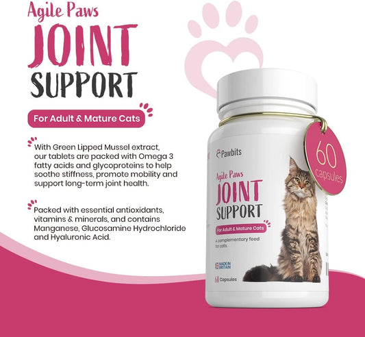 60 Pawbits Joint Support for Cats Tablets for Stiff & Mature Adult Cats Anti-Inflammatory Relief Supplements, Green Lipped Mussel, Glucosamine & Hyaluronic Acid Sprinkle Capsules (60)