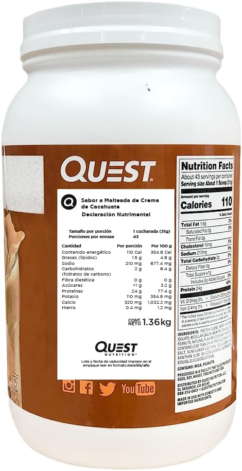 Quest Nutrition Peanut Butter Protein Powder, 23G Protein, 1G Sugar, Low Carb, Gluten Free, 3 Pound, 43 Servings