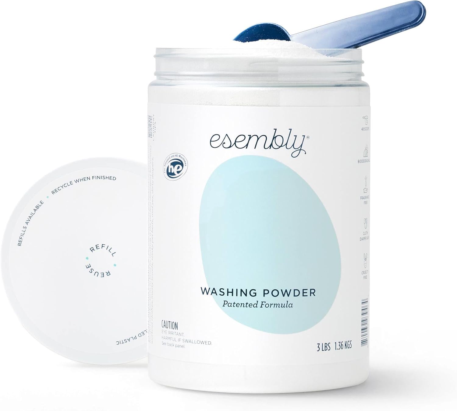 Esembly Cloth Diaper Laundry Detergent 3Lbs Refillable Canister - Washing Powder Specially Formulated To Be Gentle For Baby & Planet, Fragrance Free, Eco-Friendly - Canister With Scoop