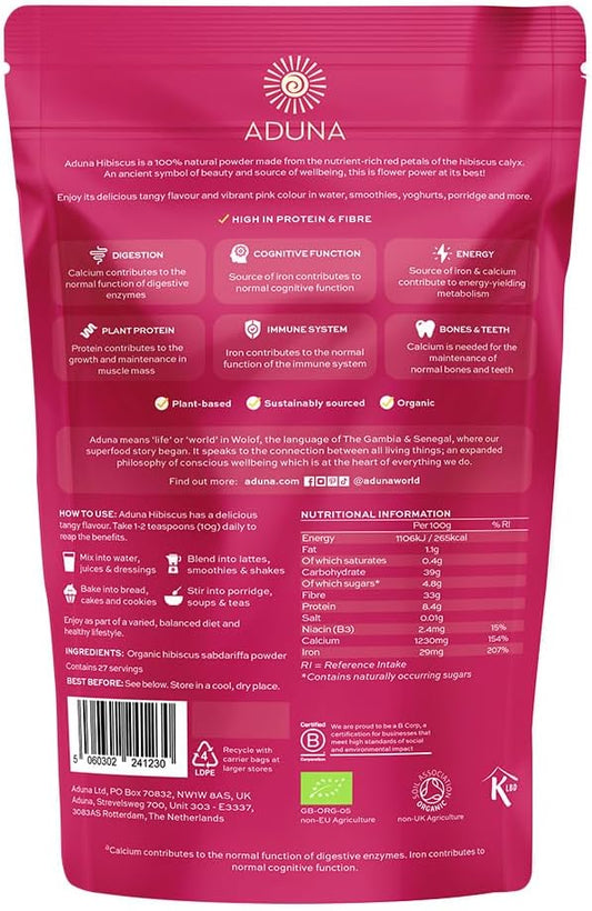 Aduna Hibiscus Powder | Certified USDA Organic Hibiscus | 100% Natural Non-GMO Flower Powder for Hair, Skin & Gut Health | 9.7oz Resealable and Recyclable Pouch