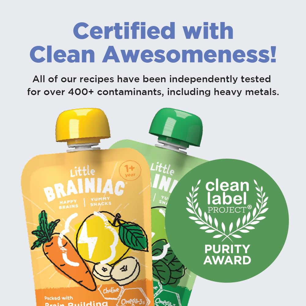 Little Brainiac Organic Fruit & Veggie Snack Brain Boosting Toddler Pouches, Two Flavor Variety Pack, Brain-Supporting Nutrients, Clean Label, BPA-Free, Non-GMO (3.5 oz, Pack of 12) : Baby