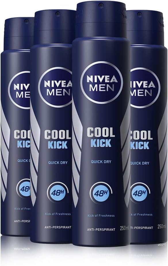 Nivea Men Cool Kick Anti-Perspirant Deodorant Spray Pack Of 4 (4 X 250Ml), Men'S Anti-Perspirant Deodorant, Fresh 48H Protection Deodorant Men'S Aerosol Spray + Cool-Care