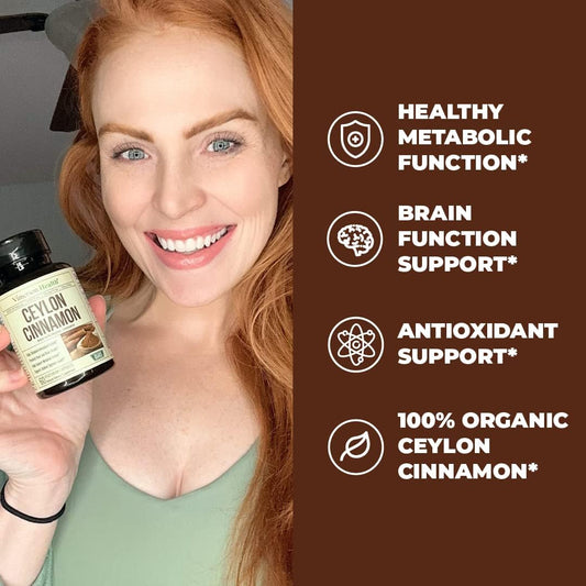 Organic Ceylon Cinnamon Capsules - Ceylon True Cinnamon Supplements (Canela de Ceylan) for Inflammation Balance, Cognitive Function, Metabolic, Antioxidant Support. Non-GMO. Vegan. 60 Caps Made in USA