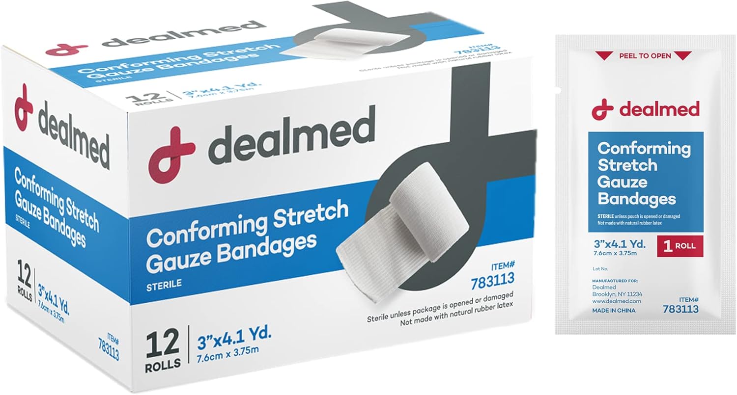 Dealmed 3" Sterile Conforming Stretch Gauze Bandages, 4.1 Yards Latex Free Stretched Dressing Wrap, Medical Non-Adherent Wound Care Mesh Bandages (Box Of 12 Rolls)