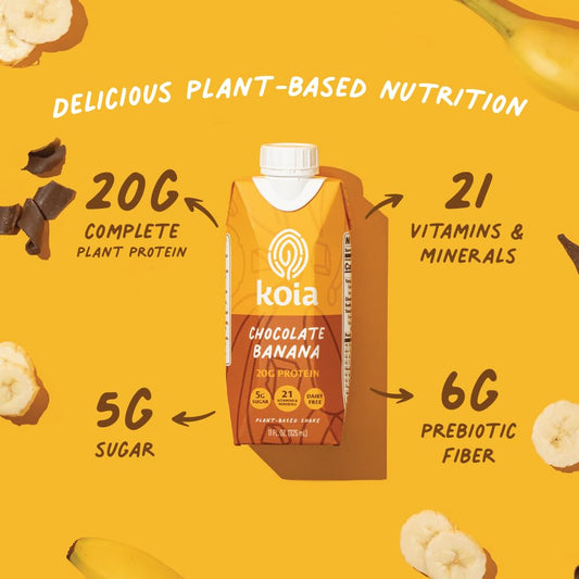 Koia - Plant Based Protein Shake - Chocolate Banana - 20G Protein, 5G Sugar, 6G Prebiotic Fiber, 21 Vitamins & Minerals - Dairy Free, Soy Free, Non Gmo - Meal Replacement Drinks - 11 Fl Oz, 12 Bottles