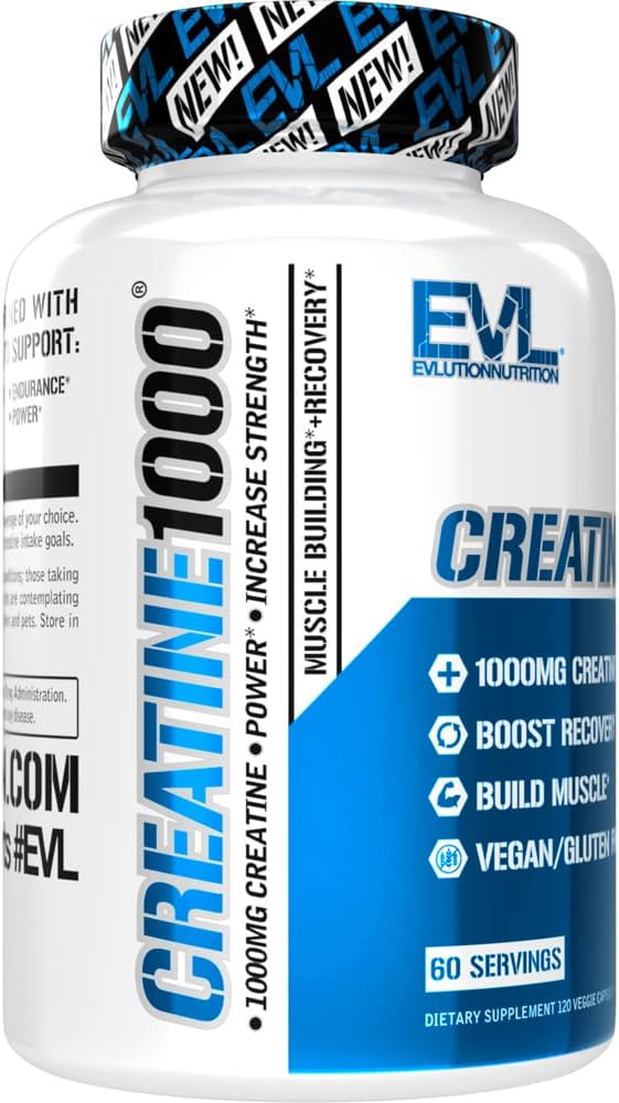 Evlution Pure Creatine Monohydrate Capsules 1000mg Nutrition Pre and Post Workout Recovery Vegan Creatine Pills for Muscle Gains and Muscle Recovery Supplement - Creatine Muscle Builder for Men : Health & Household