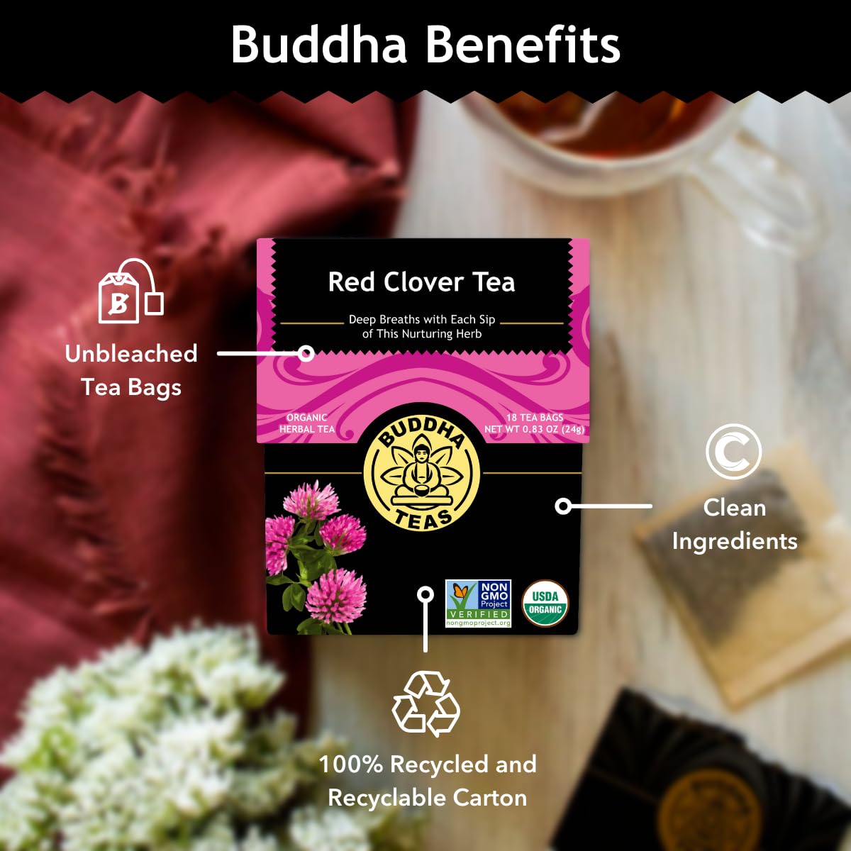 Buddha Teas - Red Clover Flower Tea - Organic Herbal Tea - For Women’S Health - Balance & Boost - Caffeine Free - 100% Kosher & Non-Gmo - 18 Tea Bags (Pack Of 1)