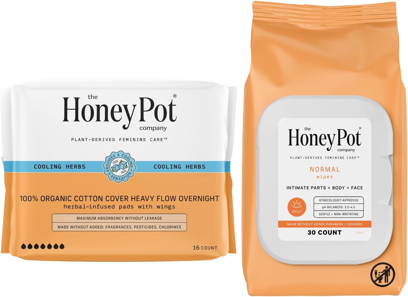 The Honey Pot Company - Heavy Overnight Pads & Normal Feminine Wipes Bundle - Pads Infused W/Essential Oils - Natural Hygiene Feminine Products - Sanitary Pads - Feminine Care - Fsa & Hsa Eligible