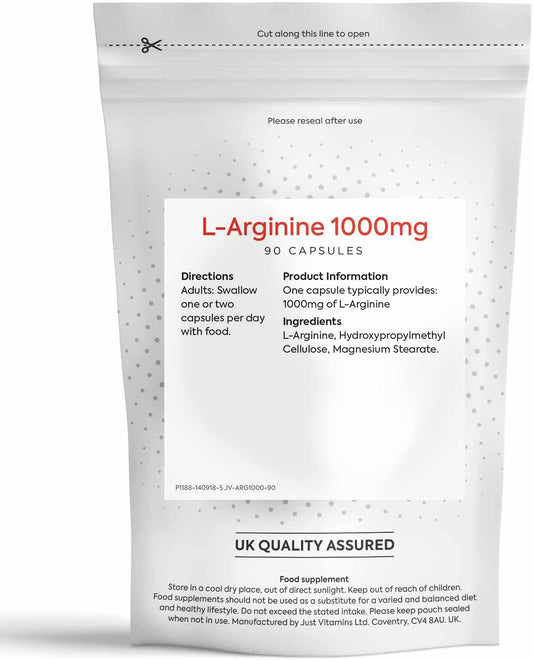 L Arginine HCL 1000mg x90 Capsules - High Strength Nitric Oxide Amino Acid L-Arginine Supplement for Men & Women, UK Made by Just Vitamins : Amazon.co.uk: Health & Personal Care