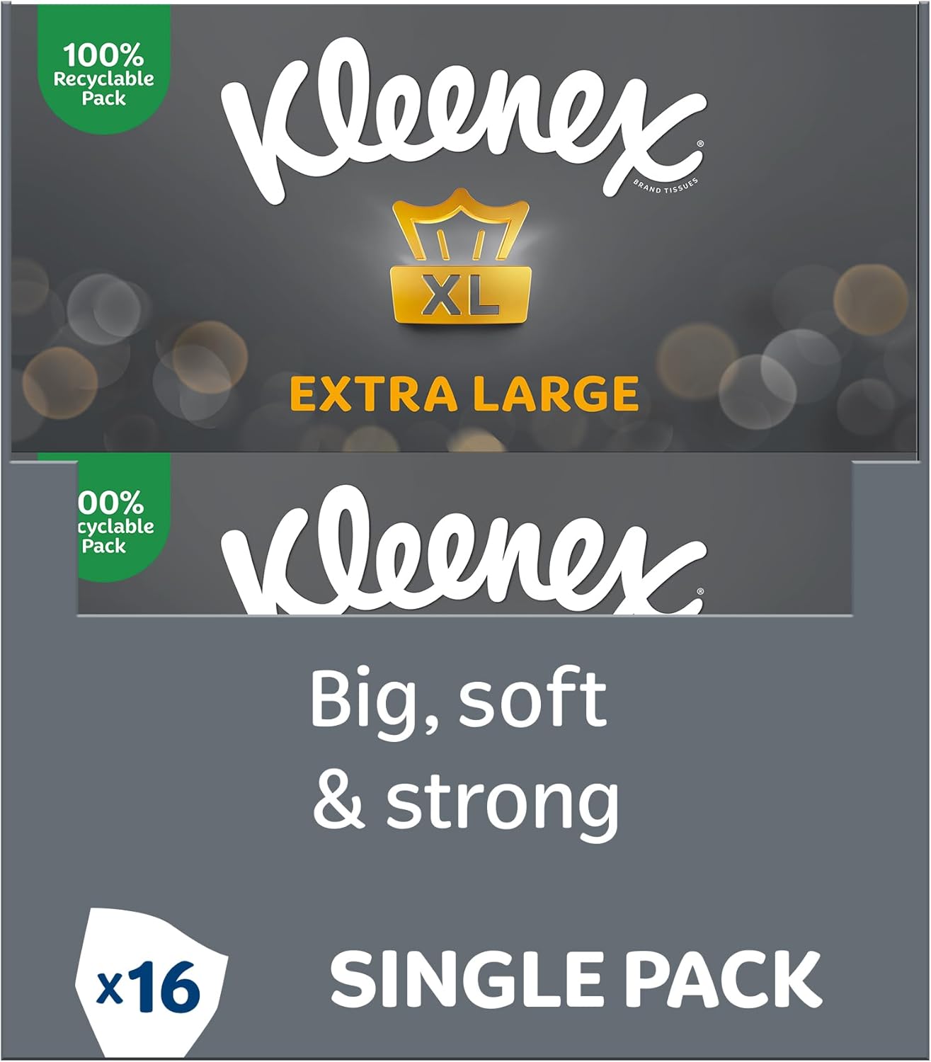 Kleenex Extra Large Facial Tissues, 100% Recyclable Packaging, 16 Standard Tissue Boxes (1440 Tissues)