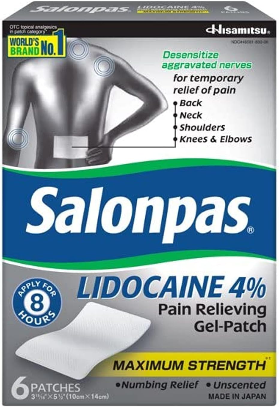 Salonpas Lidocaine 4% Pain Relieving Maximum Strength Gel-Patch 6ct (Pack of 2)