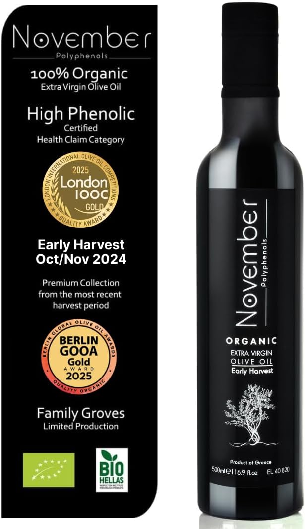 November Polyphenols Organic Olive Oil - Early Harvest - Fresh Harvest - Bio - Premium Extra Virgin - Cold Extracted - High Phenolic Evoo - Greek - 500 Ml