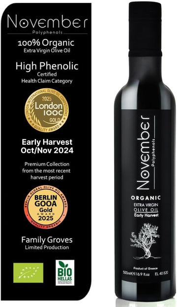 November Polyphenols Organic Olive Oil - Early Harvest - Fresh Harvest - Bio - Premium Extra Virgin - Cold Extracted - High Phenolic Evoo - Greek - 500 Ml