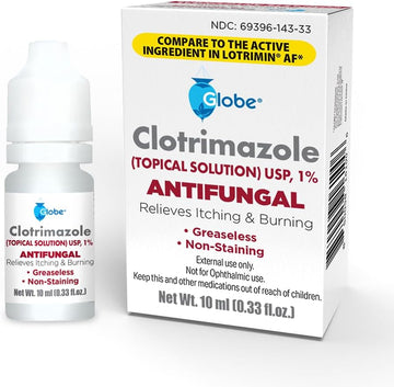 Globe Topical 1% Clotrimazole Solution For Athlete’S Foot, Jock Itch And Ringworm. 10Ml Bottle (0.33 Fluid Ounce Liquid)