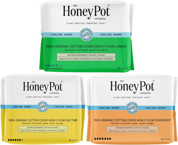 The Honey Pot Company - Herbal Heavy Flow Bundle - Heavy Overnight, Daytime, & Liners - Infused W/Essential Oils For Cooling Effect & Organic Cotton Cover - Sanitary Pads - Feminine Care - Fsa