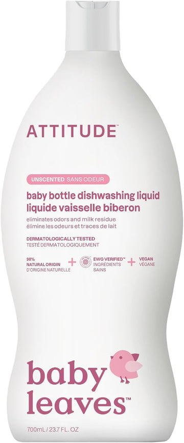 Attitude Baby Dish Soap And Bottle Cleaner, Ewg Verified Dishwashing Liquid, No Added Dyes Or Fragrances, Tough On Milk Residue And Grease, Vegan, Unscented, 23.7 Fl Oz