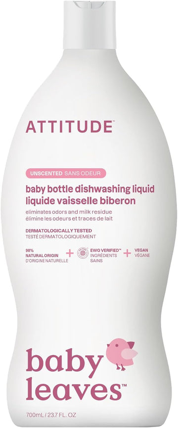 ATTITUDE Baby Dish Soap and Bottle Cleaner, EWG Verified Dishwashing Liquid, No Added Dyes or Fragrances, Tough on Milk Residue and Grease, Vegan, Unscented, 23.7 Fl Oz