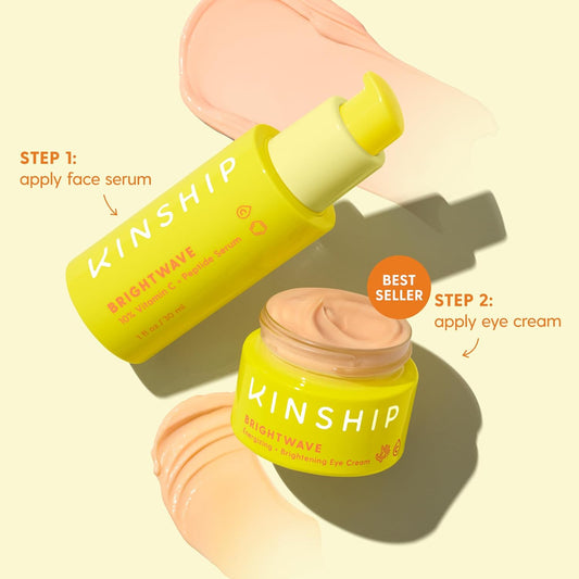 Kinship Brightwave Vitamin C Face + Eye Duo | 10% Vitamin C Serum (1 Fl Oz) | Brightening Eye Cream (0.5 Oz) | Fade Dark Spots | Reduce Fine Lines, Wrinkles, Dark Circles + Puffiness | All Skin Types