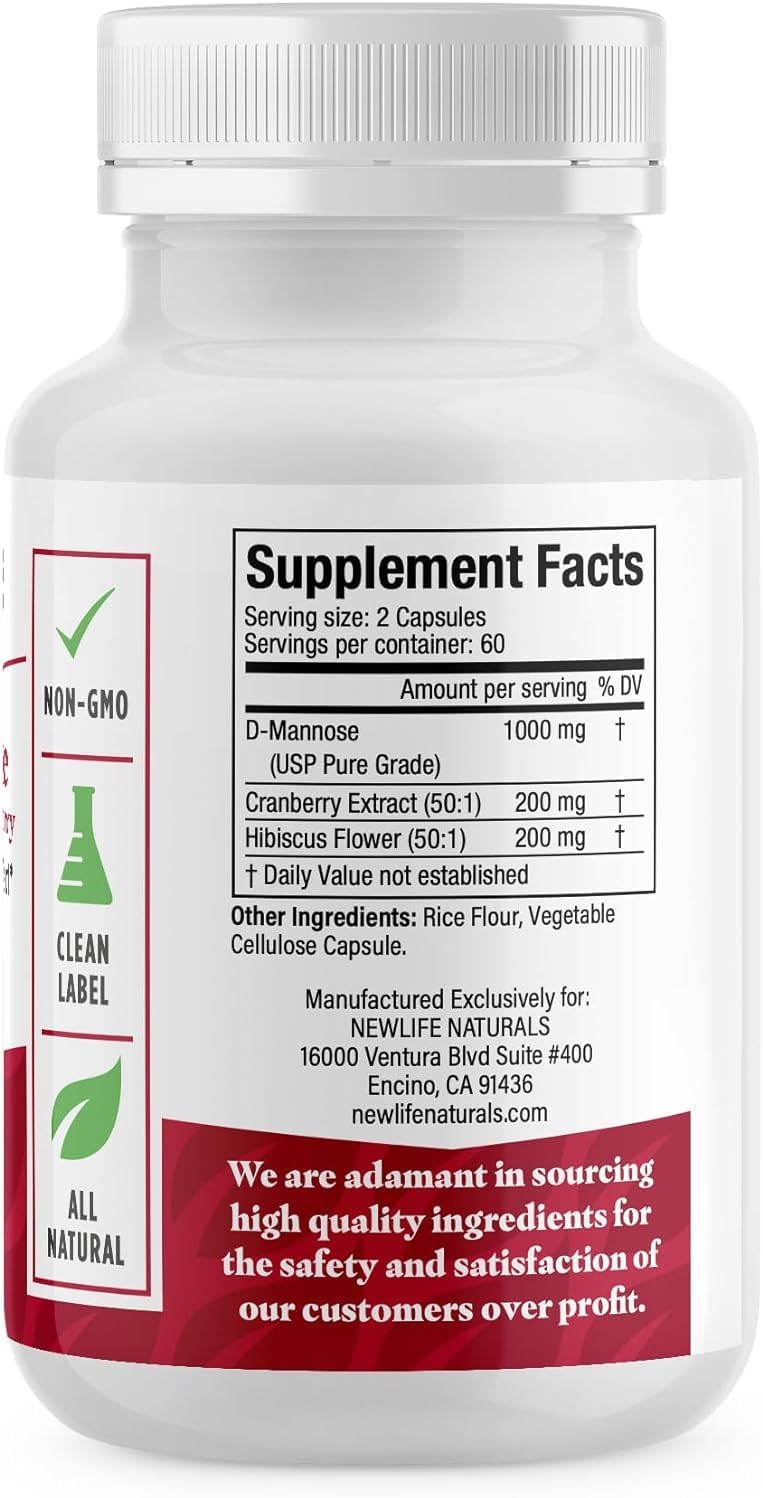 NewLife Naturals D-Mannose Capsules | w/Cranberry and Hibiscus Extracts | Natural Urinary Tract Health Supplement | 1400mg Pure Veggie Powder | 120 Veggie Capsules : Health & Household