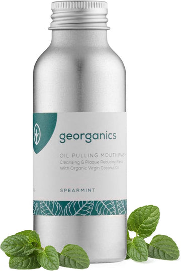 Georganics Whitening Oil Pulling Mouthwash - Spearmint - Plaque-Reducing Coconut Oil Blend - 100% Natural Ingredients - Sls, Glycerine & Fluoride Free - Cosmos Organic, Vegan & Cruelty-Free - 100Ml