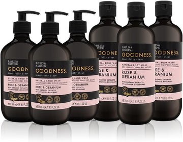 Baylis & Harding Goodness Rose & Geranium Toiletries Bundle: 3 X 500 Ml Hand Wash & 3 X 500 Ml Body Wash (6 Bottles) - Vegan Friendly