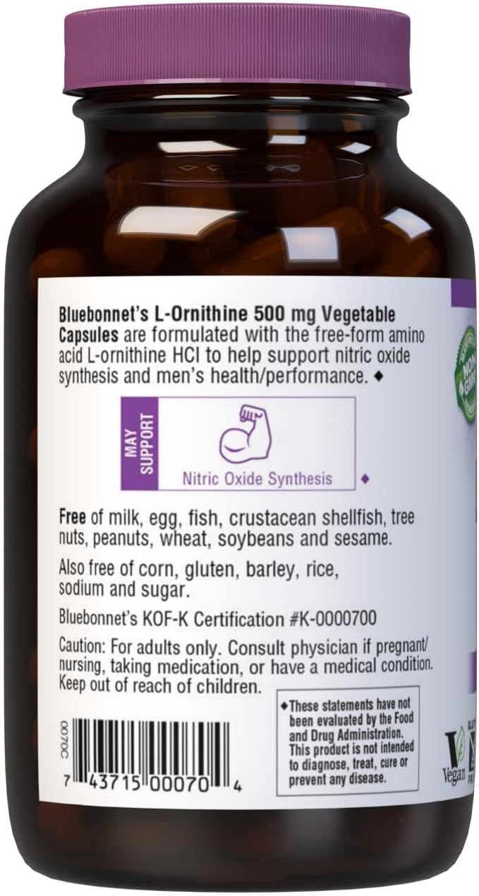 Bluebonnet Nutrition L-Ornithine 500Mg, Free-Form Amino Acid, For Healthy Protein Metabolism*, Soy-Free, Gluten-Free, Non-Gmo, Kosher Certified, Vegan, 100 Vegetable Capsules, 100 Servings