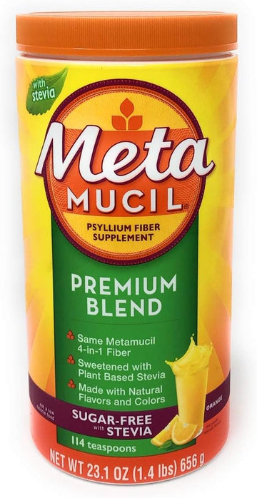 Metamucil Premium Blend Sugar Free Fiber, 114 Servings, Psyllium Husk Fiber Powder Supplement, with Stevia, Natural Orange Flavor 23.1 oz