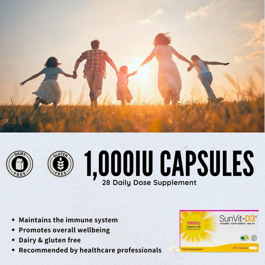 Sunvit-D3 Vitamin D 1000Iu - 28 Vitamin D Capsules | Vegan Vitamin D3 Capsules | Halal Vitamin D Supplement | Vitamin D3 Capsules Support The Maintenance Of Bone, Teeth & Muscle Function