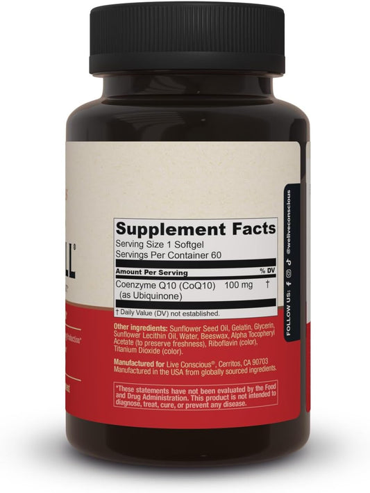 Live Conscious Coqwell - Coq10 Heart, Brain, And Vascular Health Support, Coenzyme Q10 Ubiquinone - 60 Softgels - 60 Day Supply